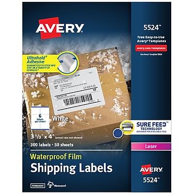 Avery 5524
Free Easy-to-Use Avery Templates
avery.com/templates
UltraHold Adhesive
Guaranteed to Stick and Stay on a Variety of Surfaces
White
3 1/3" x 4"
6 labels per sheet
300 labels - 50 sheets
Waterproof Film
Shipping Labels
Sure Feed Technology
Designs for Laser
Laser
Permanent
Waterproof
Avery
5524