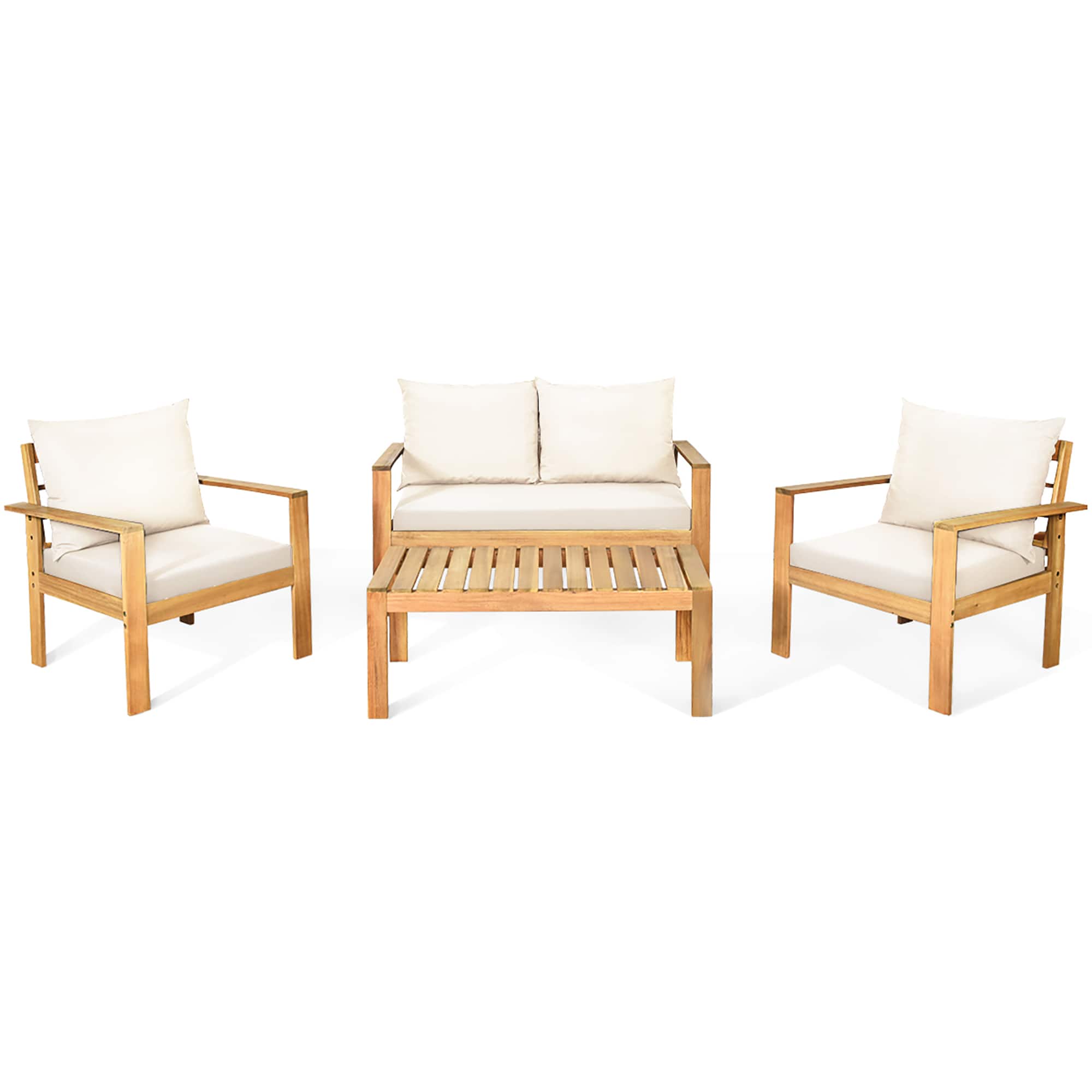 Costway - 4PCS Patio Furniture Set Acacia Wood Thick Cushion Loveseat Sofa - White