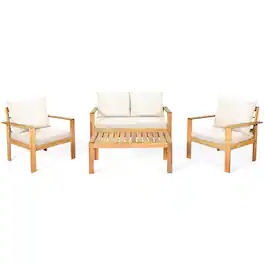 Costway - 4PCS Patio Furniture Set Acacia Wood Thick Cushion Loveseat Sofa - White