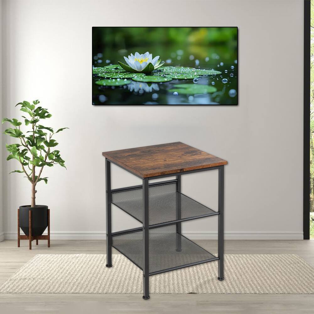 Front. Hivvago - 3-Layer Vintage Industrial End Table with Customizable Mesh Shelving - Rustic Brown.