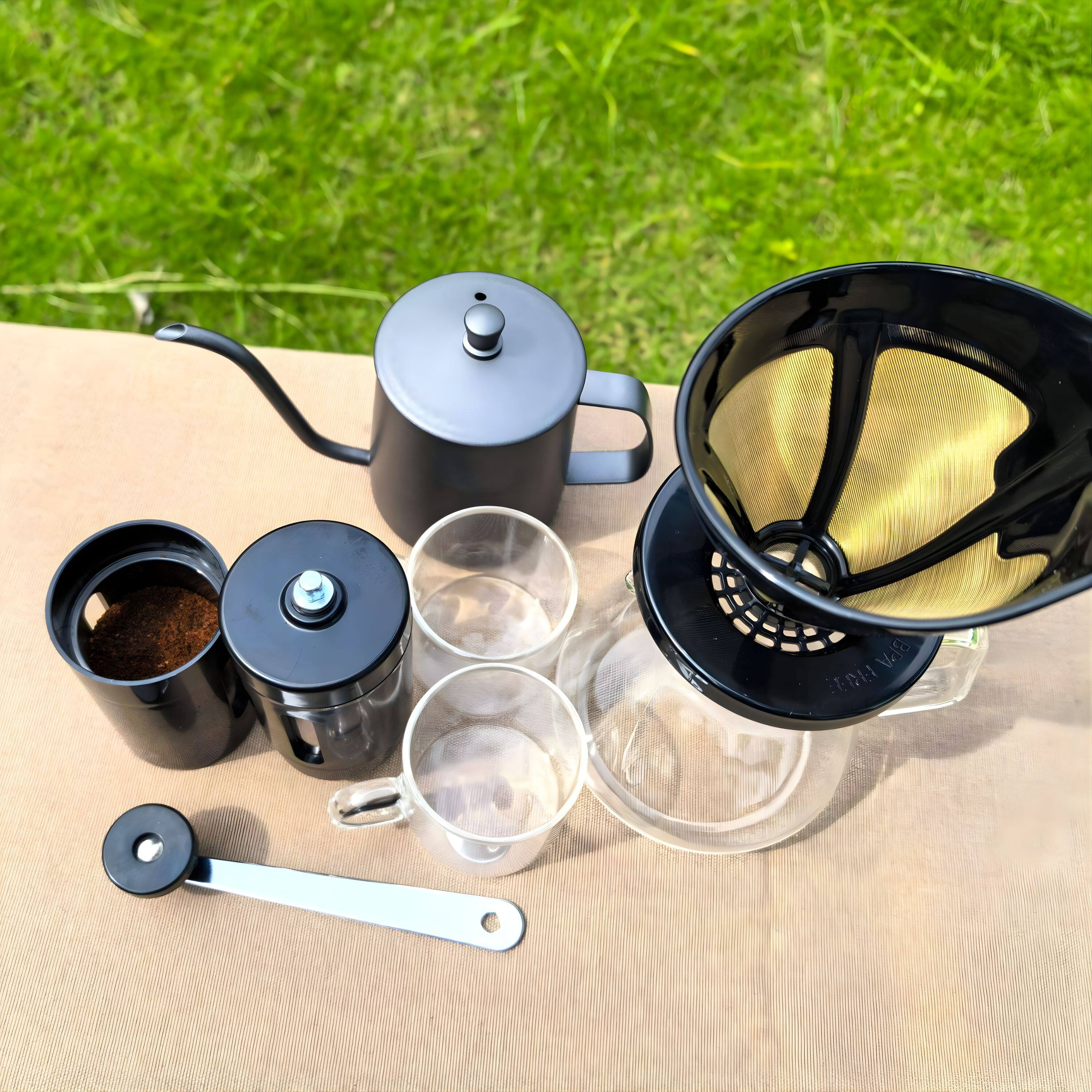 Angle. Kitcheniva - All-in-One Pour-Over Coffee Brewing Set with Manual Grinder, Gooseneck Kettle, Glass Carafe, Dripper & Cups - Multicolor.