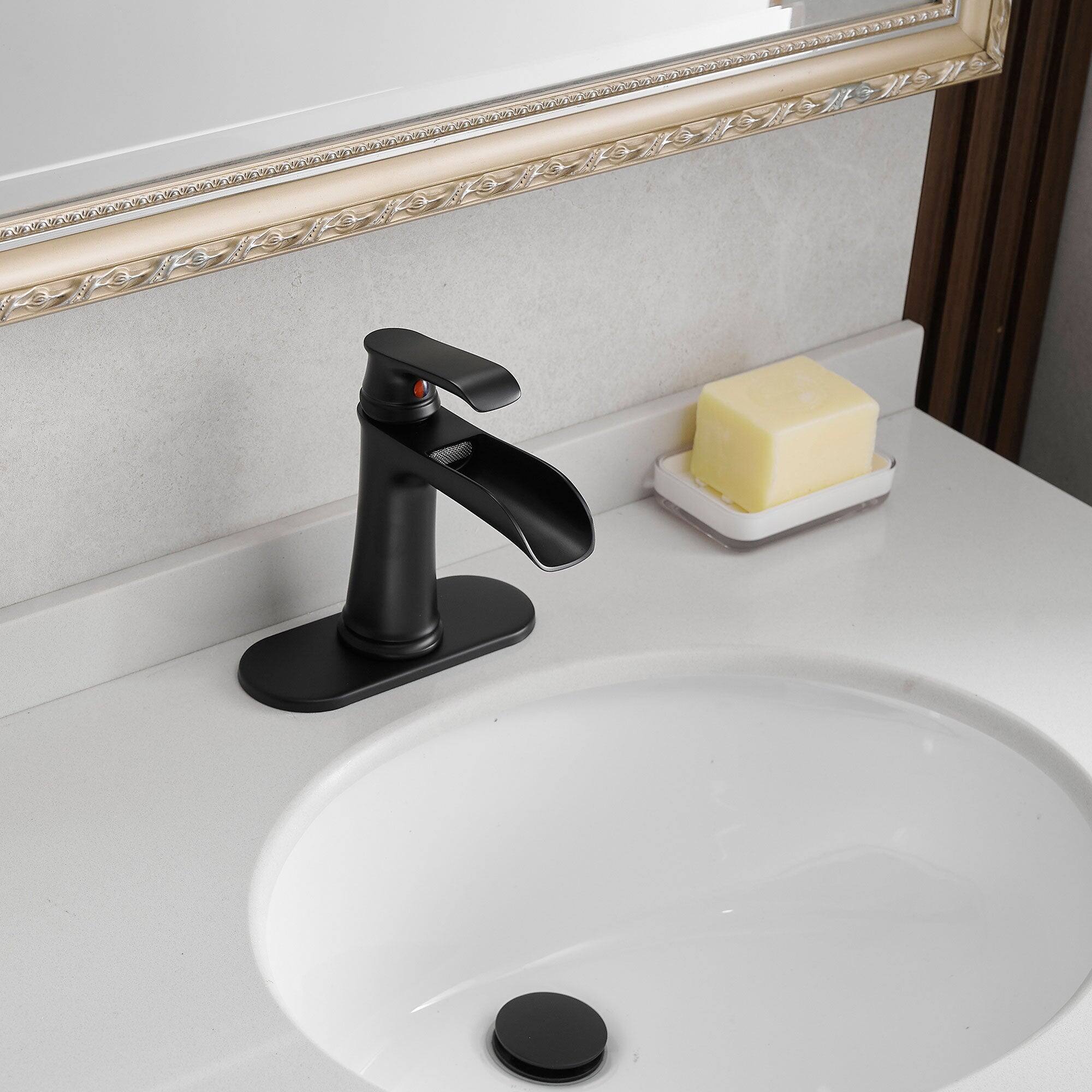 Alt View 3. Boyel Living - Single Handle Single Hole Bathroom Faucet Matte Black with Deck Plate Pop Up Drain and Water Supply Hoses - Matte Black.