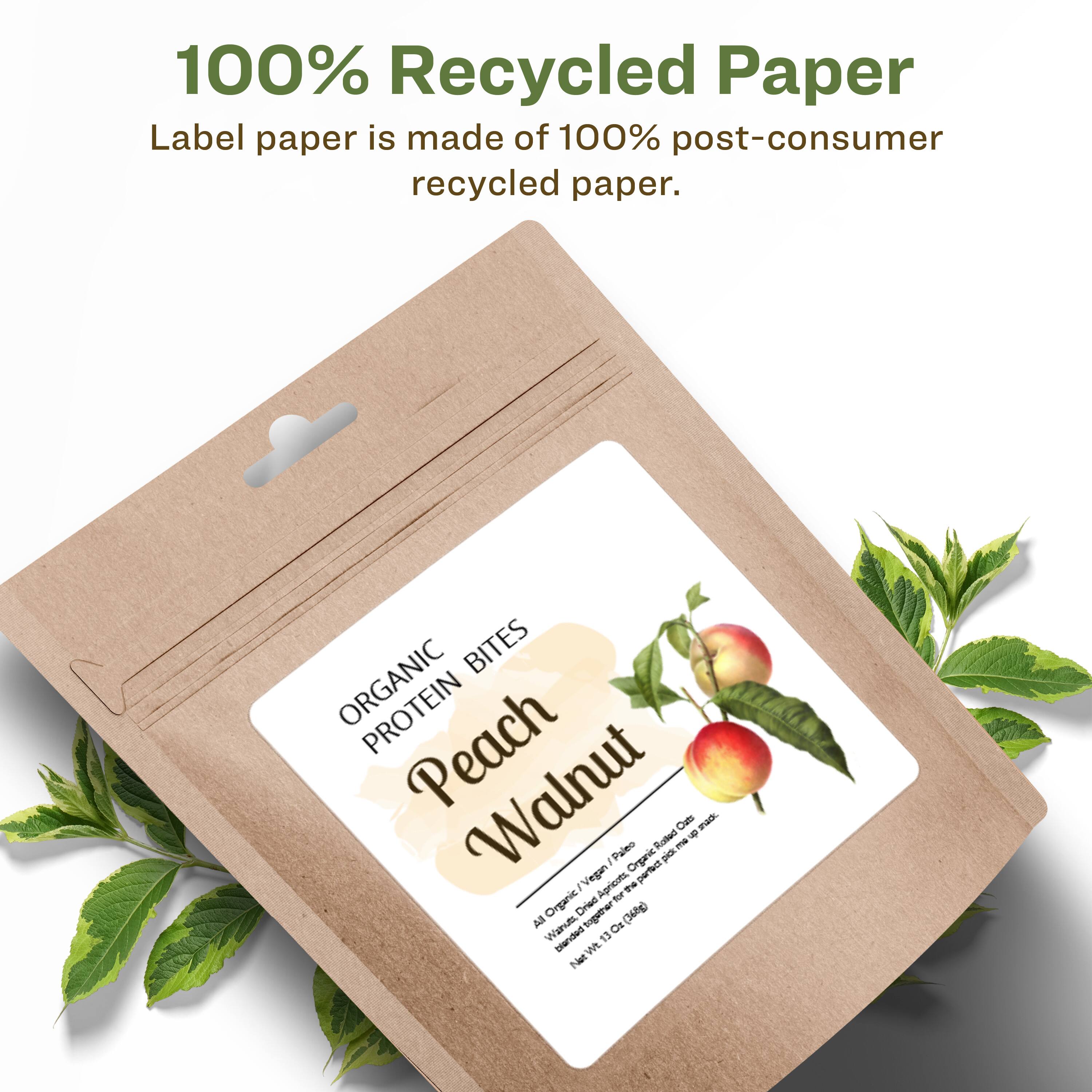 100% Recycled Paper  
Label paper is made of 100% post-consumer recycled paper.

ORGANIC PROTEIN BITES  
Peach Walnut  
All Natural  
Organic / Vegan / Paleo  
Organic Peach, Organic Walnut, Organic Dates  
Net Wt. 1.3 oz (36g)