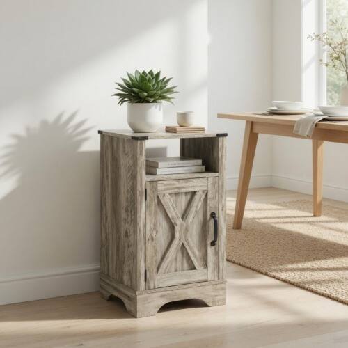 Left. LUCKY ONE - 16" Assembled Farmhouse Nightstand with Charging Station USB - Wood.