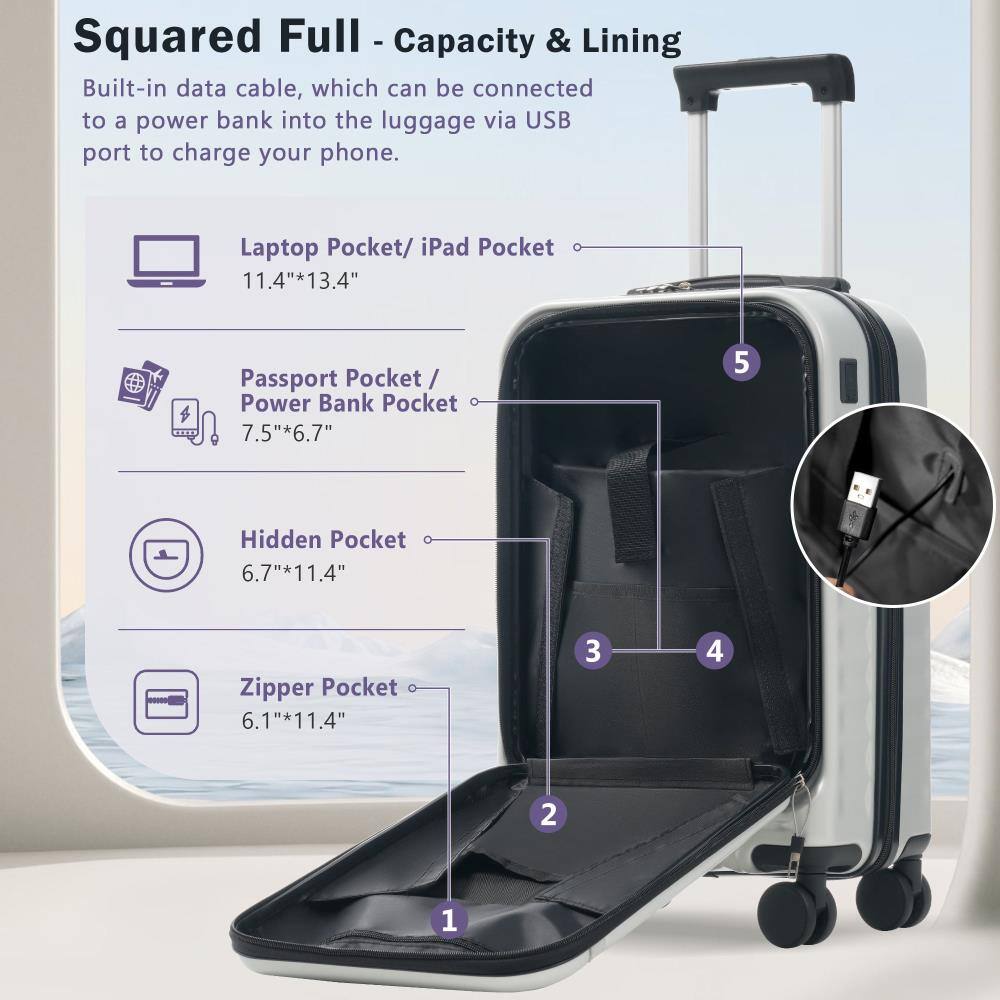 Squared Full - Capacity & Lining

Built-in data cable, which can be connected to a power bank into the luggage via USB port to charge your phone.

- Laptop Pocket/ iPad Pocket: 11.4" x 13.4"
- Passport Pocket/ Power Bank Pocket: 7.5" x 6.7"
- Hidden Pocket: 6.7" x 11.4"
- Zipper Pocket: 6.1" x 11.4"