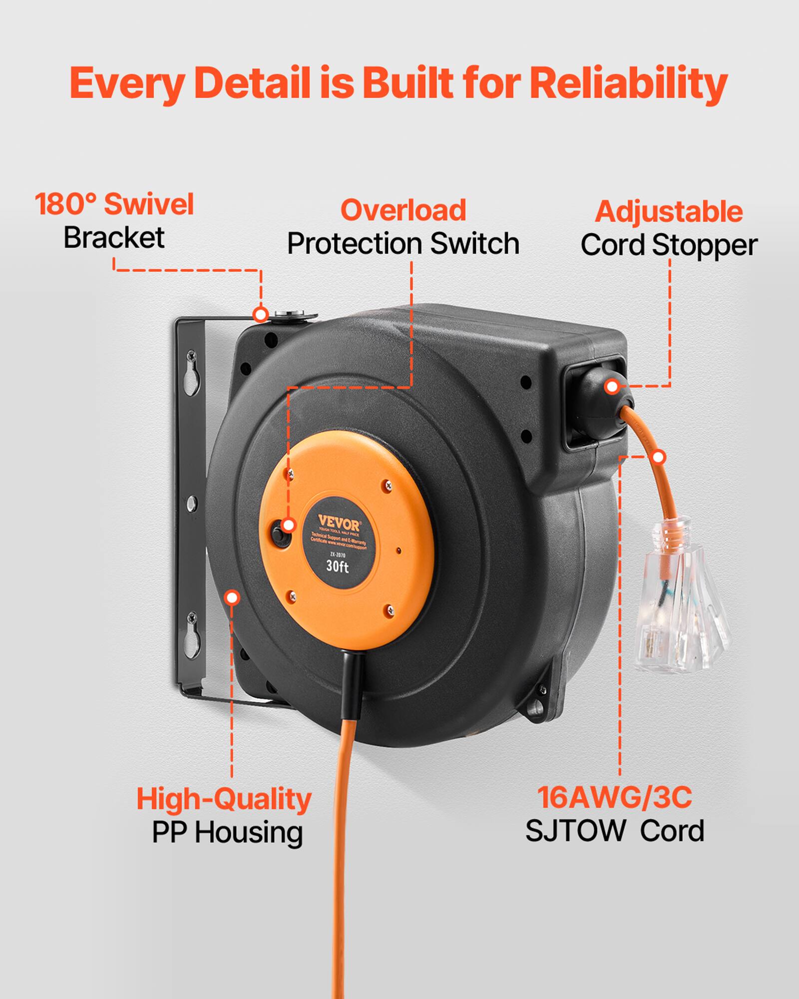 Every Detail is Built for Reliability

- 180° Swivel Bracket
- Overload Protection Switch
- Adjustable Cord Stopper
- High-Quality PP Housing
- 16AWG/3C SJTOW Cord
- 30ft