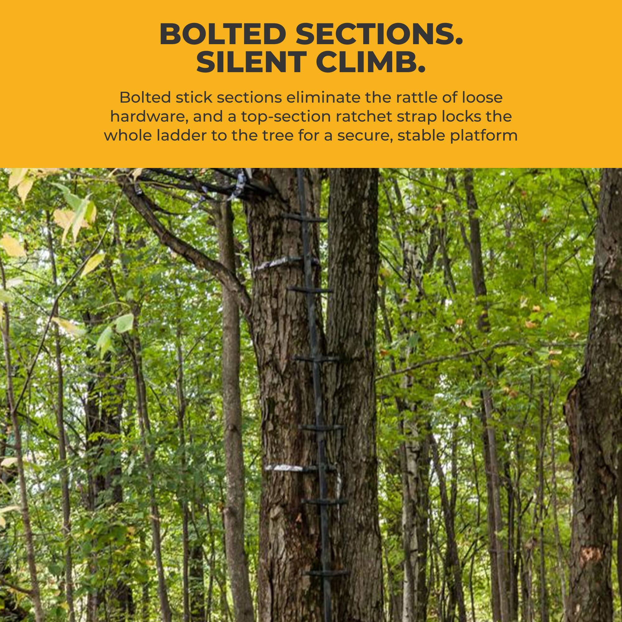 BOLTED SECTIONS. SILENT CLIMB.

Bolted stick sections eliminate the rattle of loose hardware, and a top-section ratchet strap locks the whole ladder to the tree for a secure, stable platform