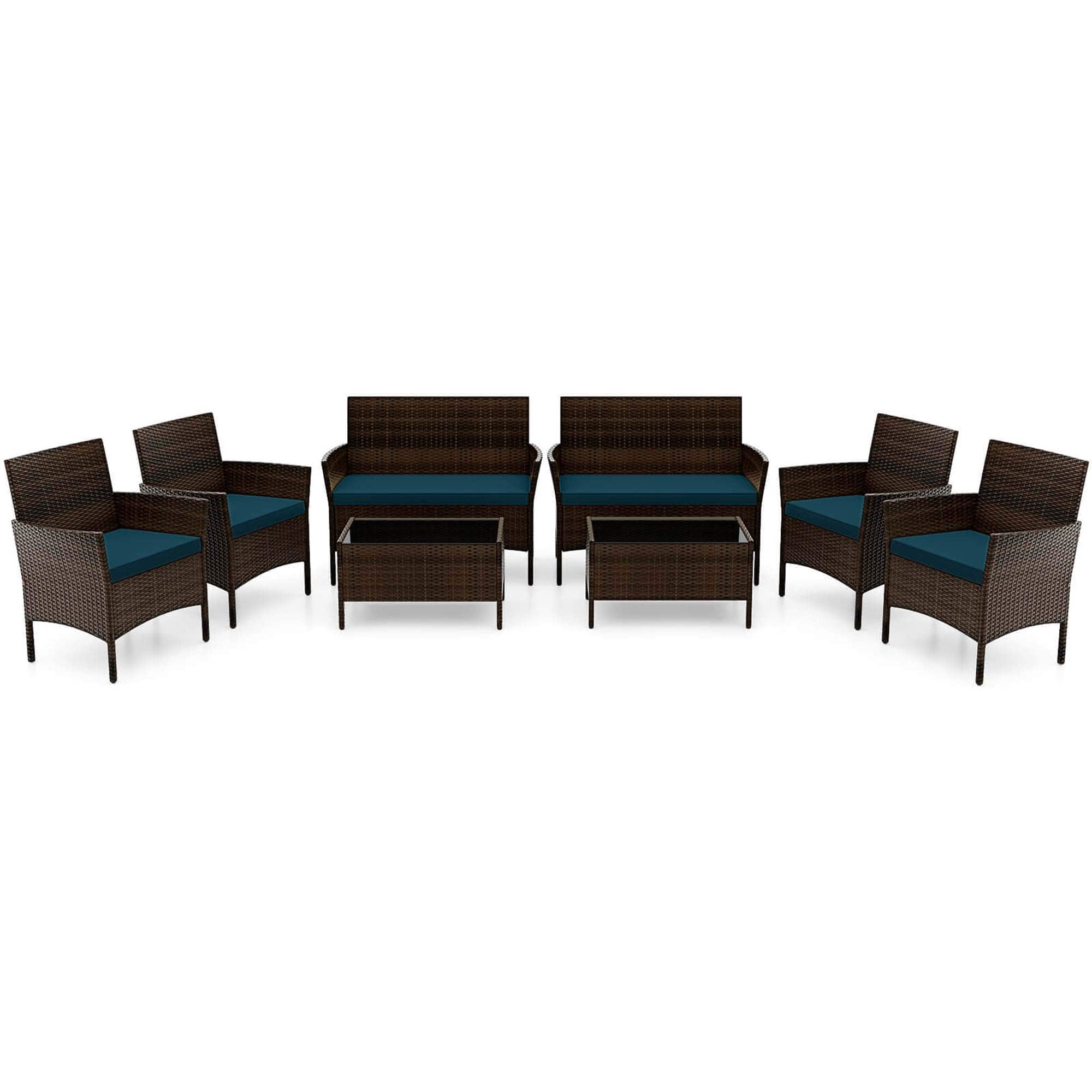 Front. Costway - Costway 8 PCS Patio Furniture Set with Washable Cushions and Tempered Glass Coffee Table - Blue.