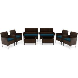 Gymax - Set of 8 Furniture Set w/ Washable Cushions & Tempered Glass Coffee Table - Blue