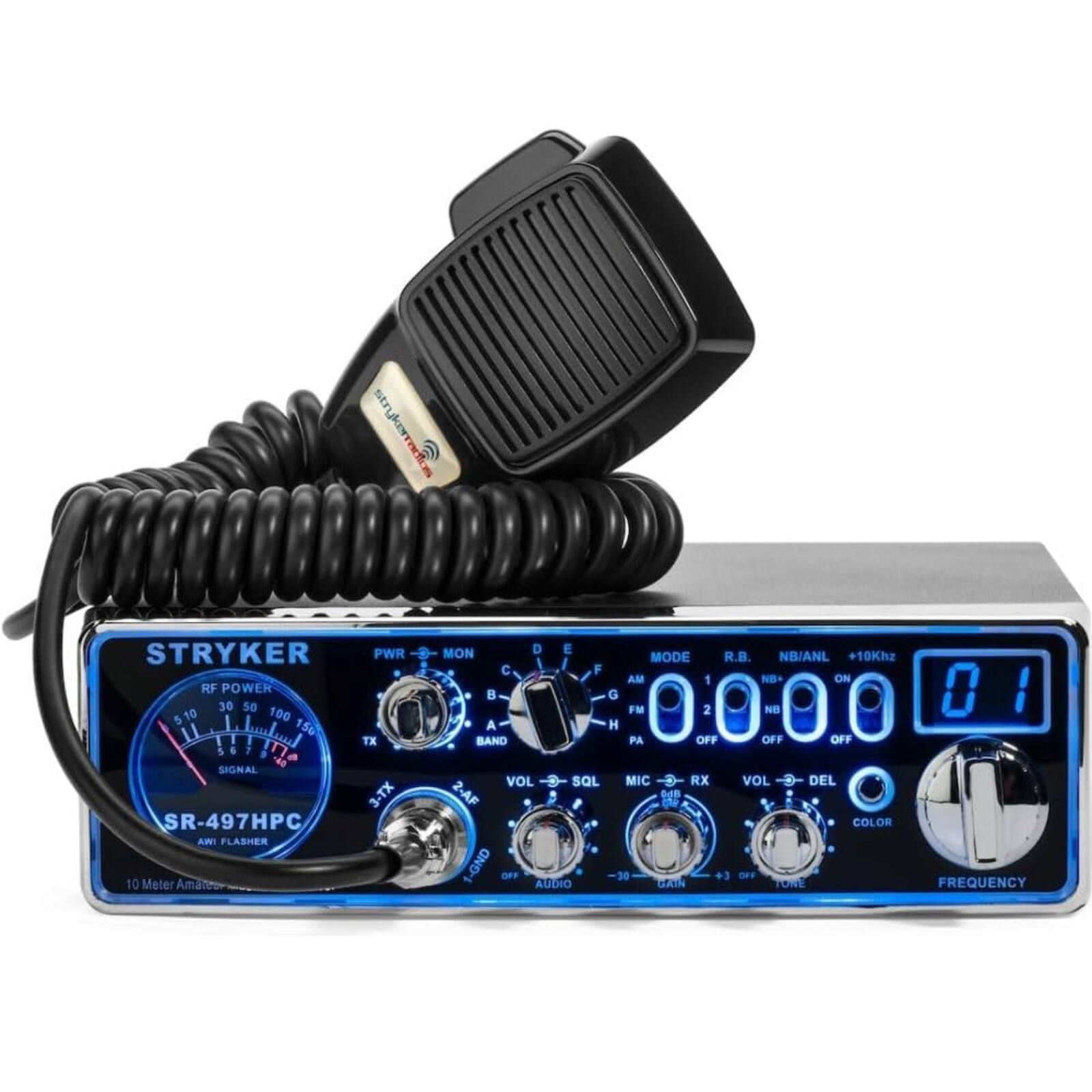 STRYKER PWR RF POWER 30 50 5 10 100 L 150 TX 1 6 1 . -. SIGNAL 3-TX SR-497HPC AWT FLASHER 10 Meter Amateur

MODE R.B. NB/ANL 10Khz C F AM 1 NO ON G F FM 2 NB A H BAND PA OFF OFF OFF VOL SQL MIC a RX VOL DEL 2-AF NOB COLOR 1-GND OFF AUDIO 30 GAIN +3 DFF TORE 0 I FREQUENCY