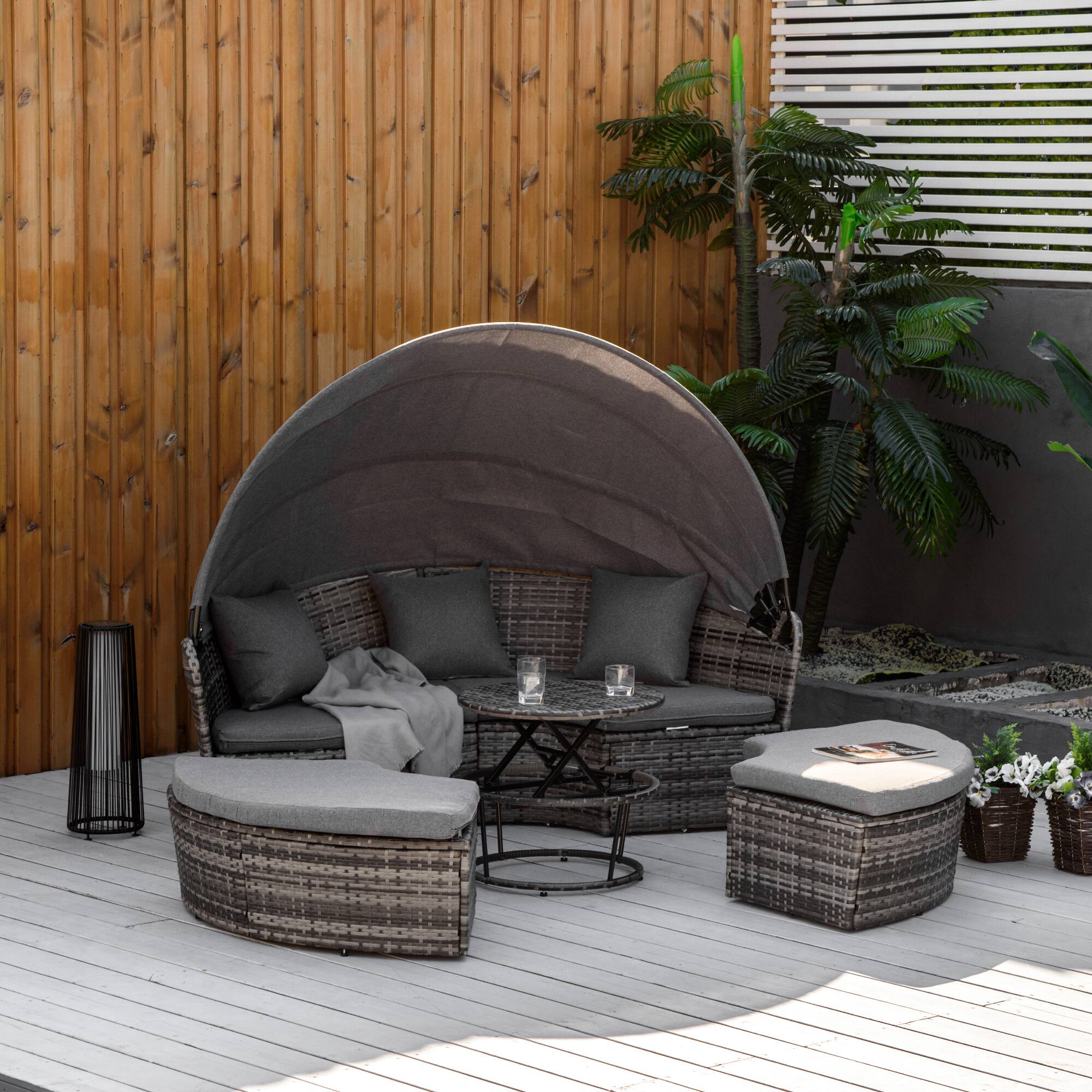 Alt View 1. Outsunny - 4 Piece Round Rattan Daybed, Convertible Patio Furniture Set, Adjustable Sun Canopy, Sectional Outdoor Sofa, 2 Chairs - Gray.