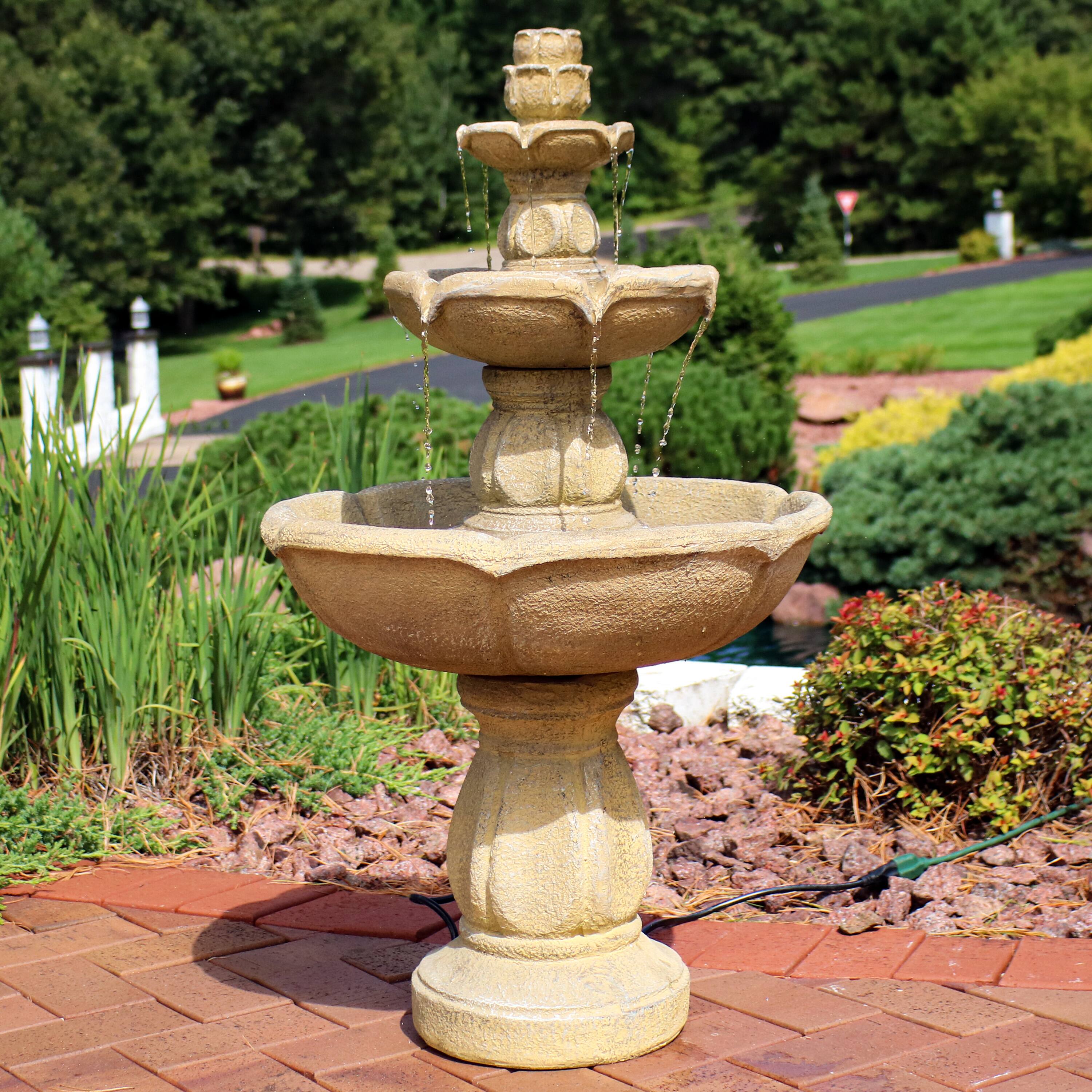Alt View 6. Sunnydaze - Birds' Delight Fiberglass Outdoor 3-Tier Water Fountain - Light Brown.