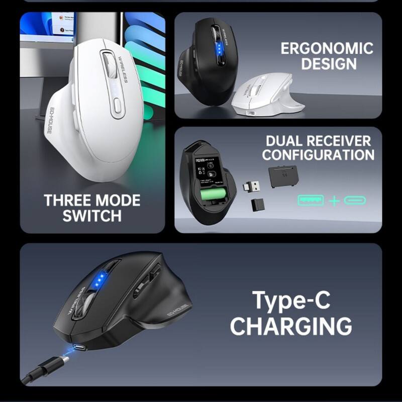SD-MOUSE WIRELESS O-HOUSE 10A Ea D ERGONOMIC DESIGN DUAL RECEIVER CONFIGURATION THREE MODE SWITCH + VET i SIUDHCO Type-C CHARGING