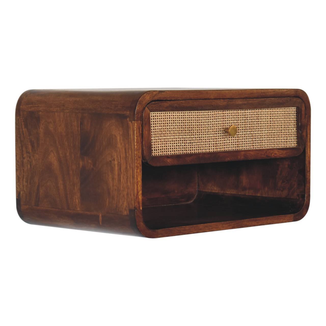 Left. Artisan Furniture - Artisan Furniture Solid Wood Chestnut Wall Mounted Woven Bedside, 1 Drawer, 1 Open Slot, Beige and Brown - Chestnut.