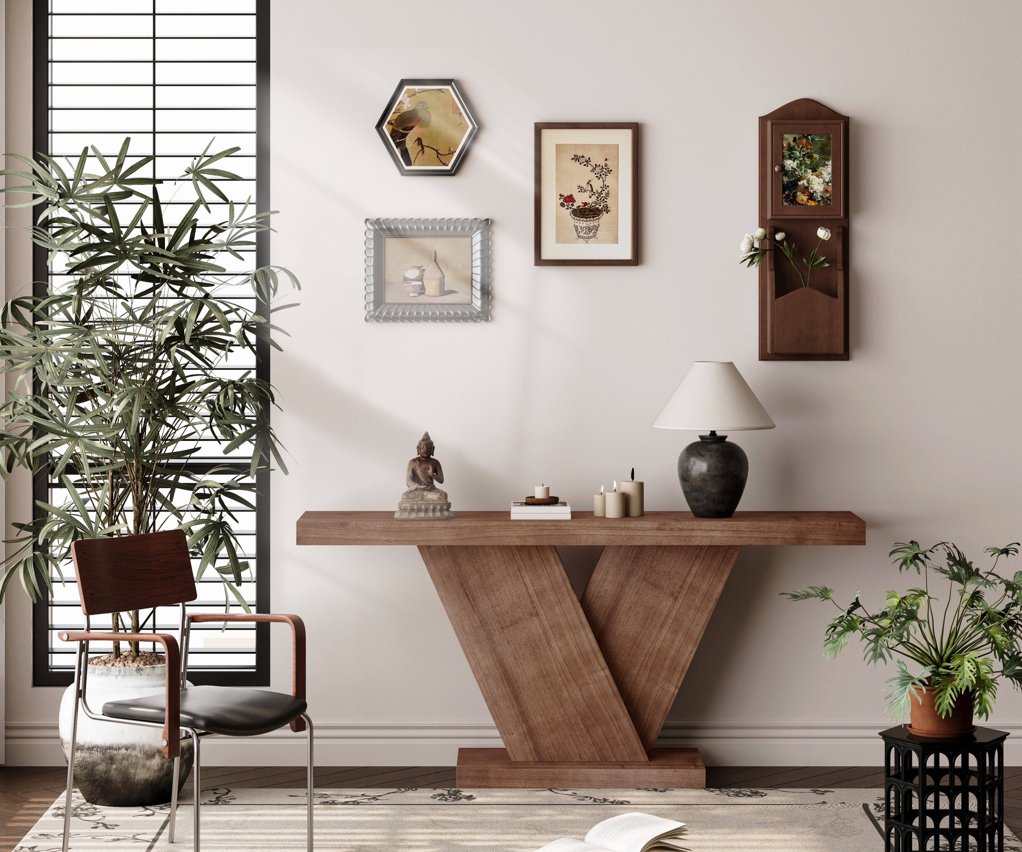 Alt View 1. Loheer - Loheer Console Table, 66 Inch Walnut X Leg Console Table, Modern Narrow Hallway Entryway Sofa Table - Walnut.