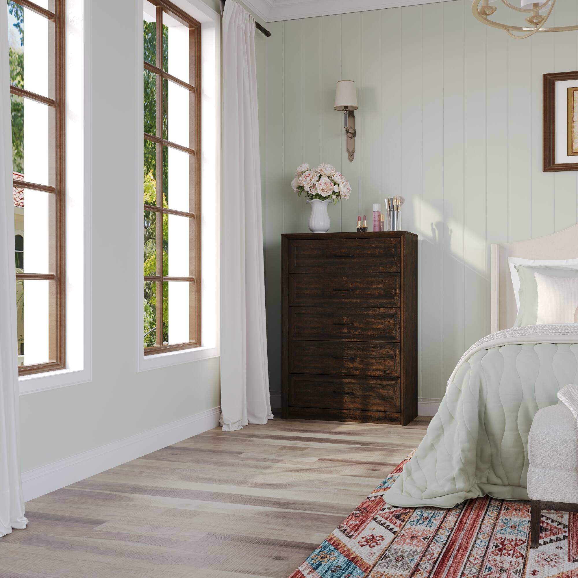 Alt View 1. FUFU&GAGA - Vintage Dark Wood Grain 5-Drawer Dresser, Modern Minimalist Design, Eco-Friendly MDF, Perfect for Bedroom, Living Room - Brown.