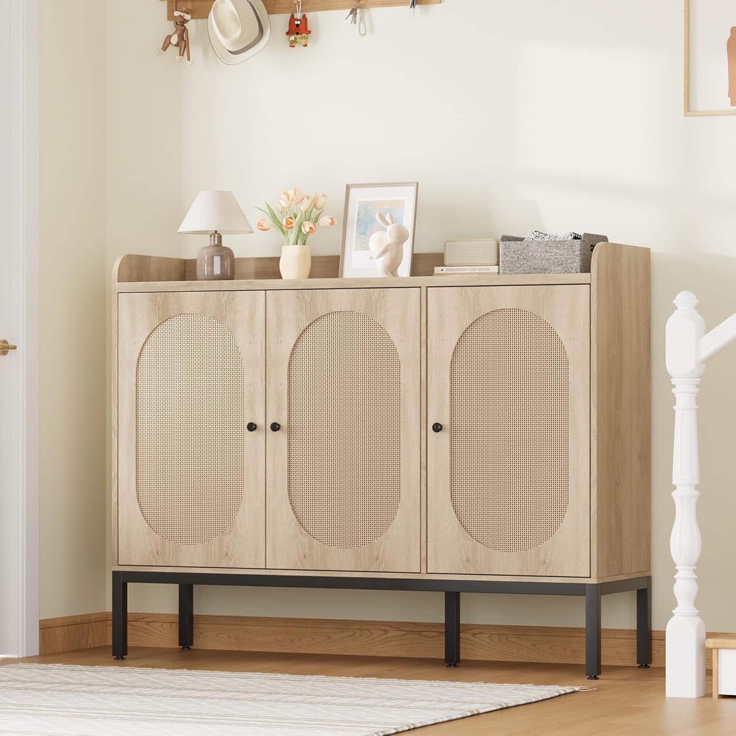 Homhougo - 7-Tier Rattan Shoe Cabinet – Freestanding Shoe Storage Organizer with 3 Rattan Doors and Adjustable Shelves - Natural