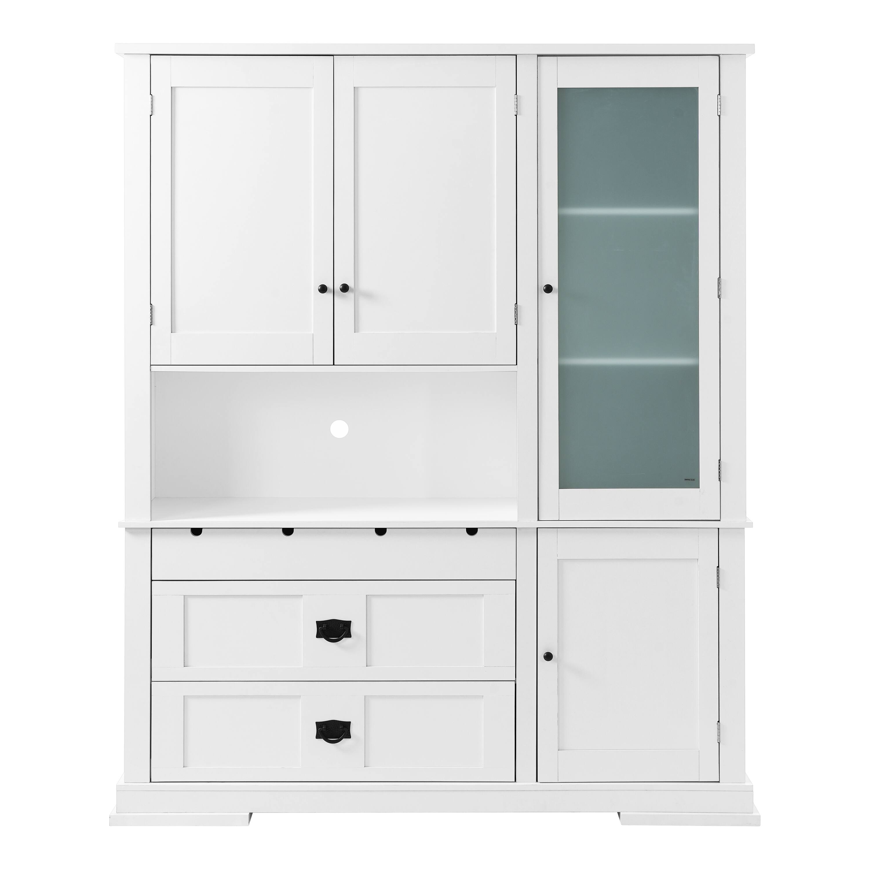 Back. Whisen - 63" W Kitchen Buffet with Hutch, Storage Pantry Cabinet with Microwave Workstation & 3 Drawers - White.