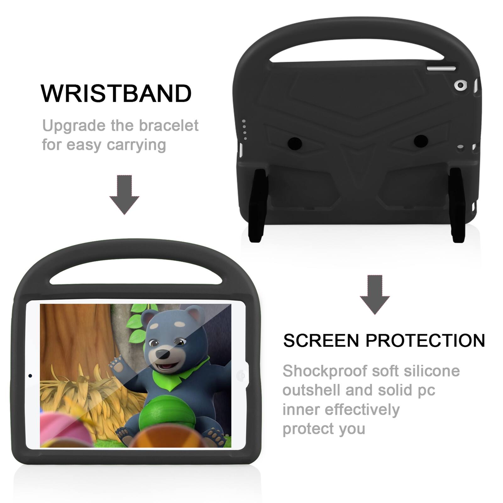 WRISTBAND  
Upgrade the bracelet for easy carrying

SCREEN PROTECTION  
Shockproof soft silicone outshell and solid pc inner effectively protect you