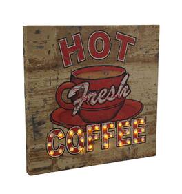 Zeckos - Hot Fresh LED Lighted Coffee Vintage Finish Canvas Wall Hanging - Brown