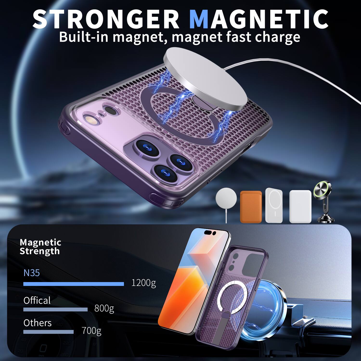 STRONGER MAGNETIC  
Built-in magnet, magnet fast charge  

Magnetic Strength  
N35  
Official 800g  
Others 700g  

1200g  
(s)  
260J