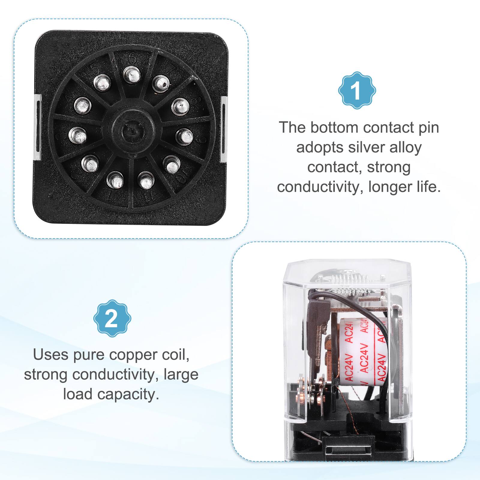 1. The bottom contact pin adopts silver alloy contact, strong conductivity, longer life.
2. Uses pure copper coil, strong conductivity, large load capacity.

AC24V AC24V AC24V
