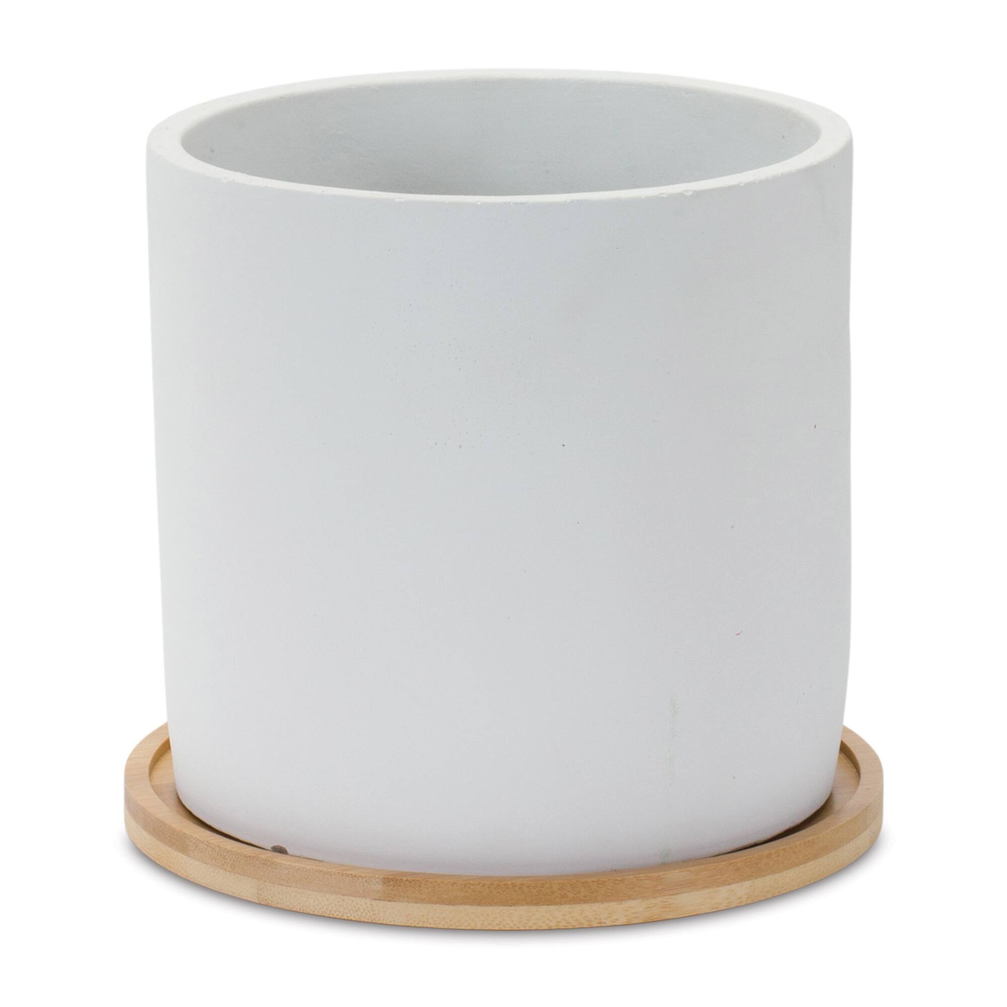 Angle. BreeBe - White Stone Planter with Wood Plate (Set of 2) - White, Brown.