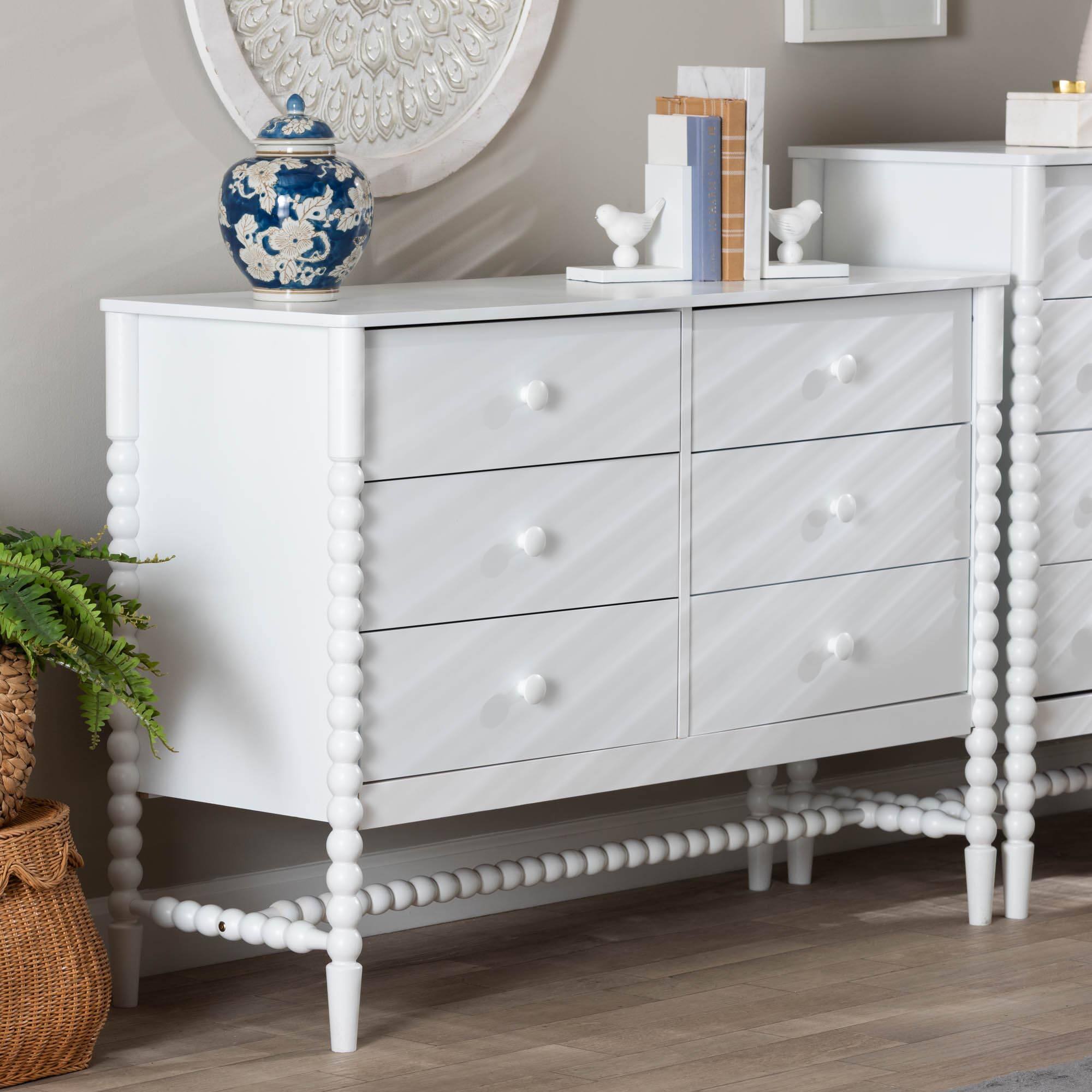 Alt View 5. Baxton Studio - Brantley Spindle Dresser - 6-Drawer Horizontal Storage Cabinet with Beaded Frame and Elevated Base for Bedroom - White.
