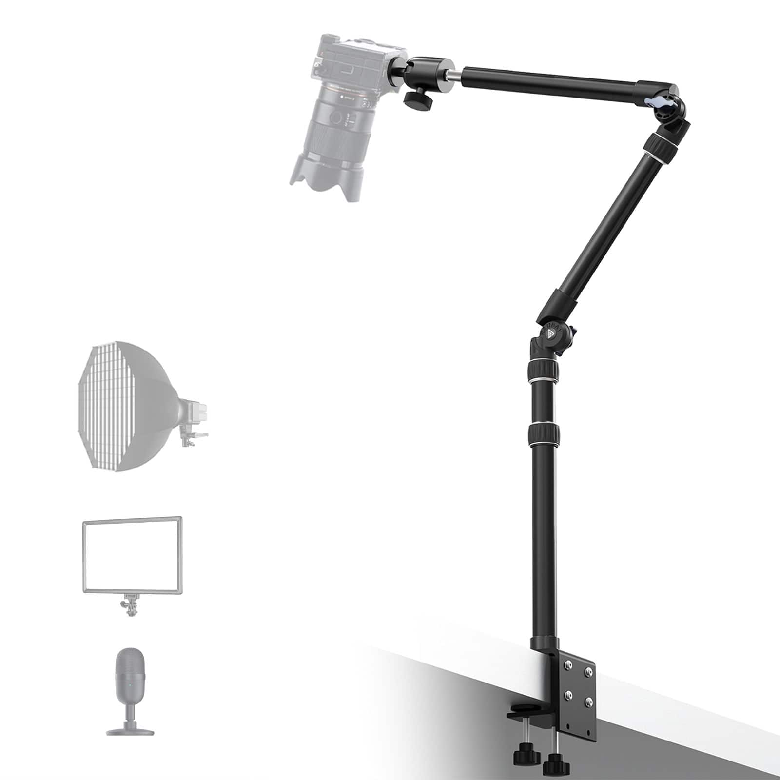 Front. RAUBAY - Desktop Magic Arm DMA01 Overhead Camera Desk Mount Table Light Stand Retractable Boom Arm - Black.
