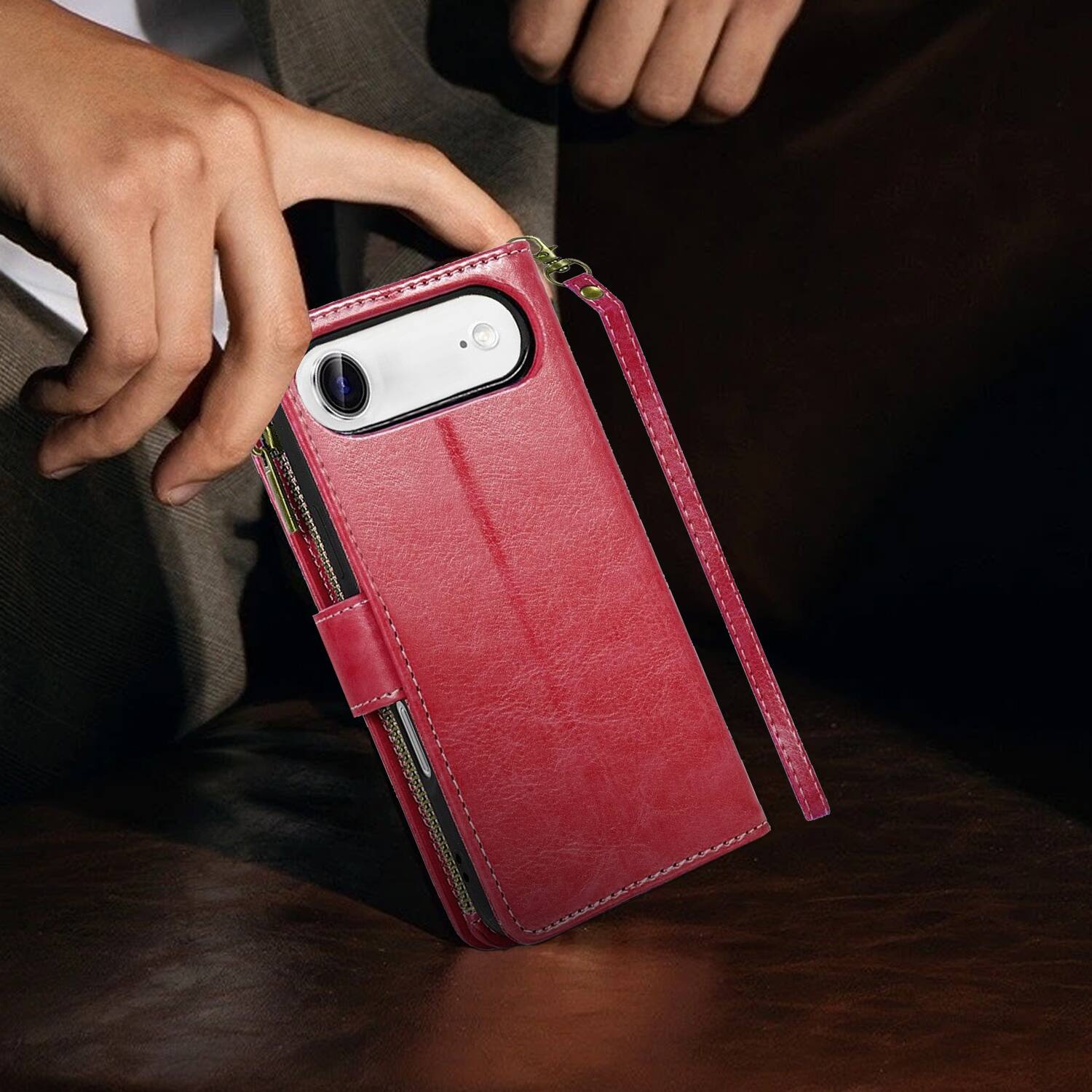 Alt View 6. Equipd - Phone Case for iPhone 17 Air 6.5", Luxury Wallet Card ID Zipper Money Holder Cover (Red) - Red.
