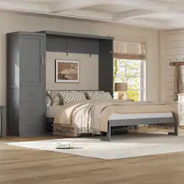 Whisen - Queen Size Murphy Bed with Wardrobe and Drawers, Space-Saving Folding Bed for Guest Room and Small Spaces - Gray