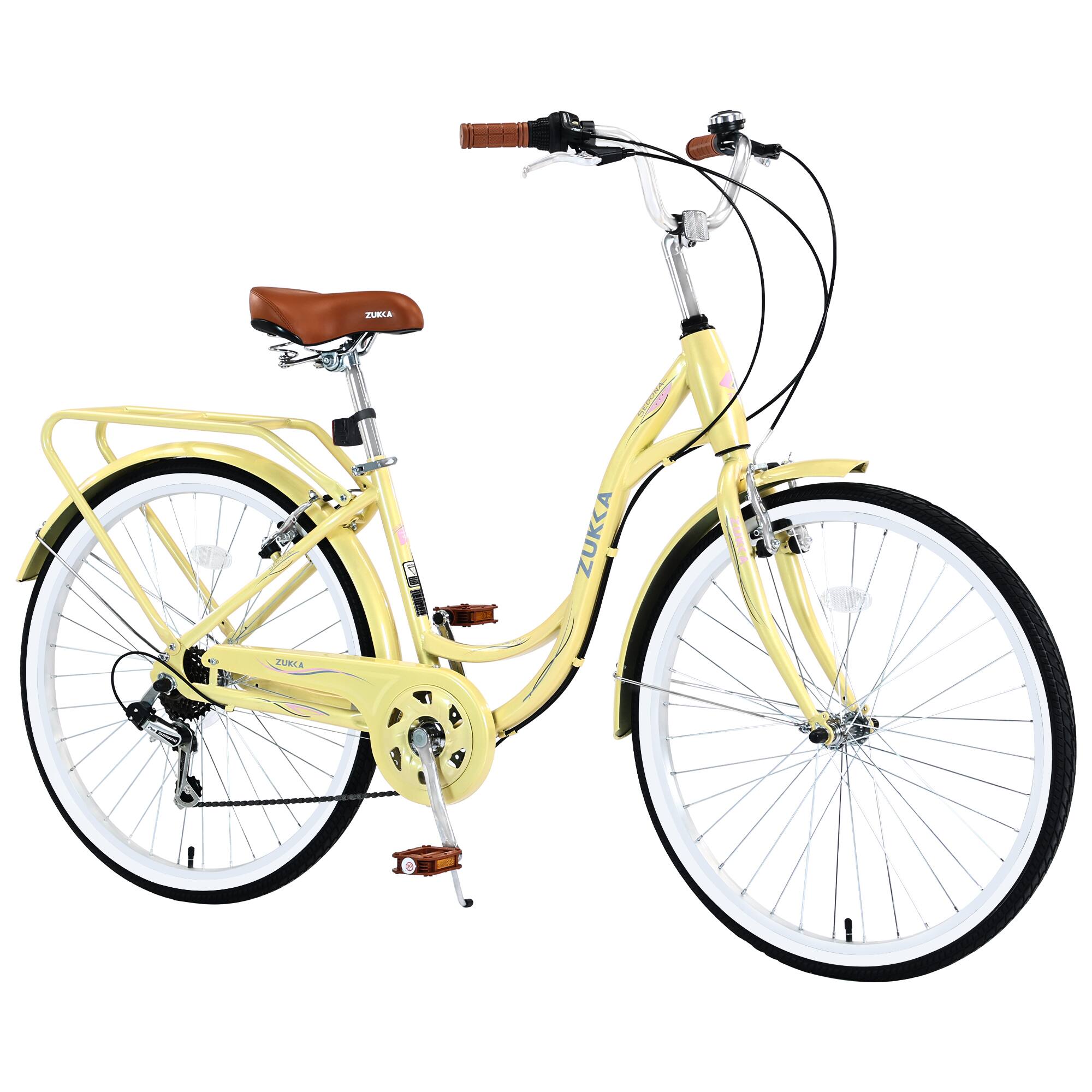 Aukfa - Women's Beach Cruiser Bike 24 Inch ， 7 Speed with Dual V Brakes and Adjustable Seat, Adult City Bike - Yello