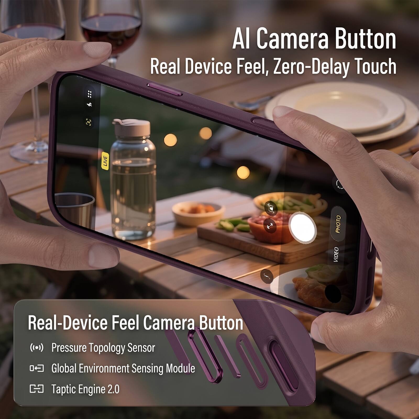 AI Camera Button  
Real Device Feel, Zero-Delay Touch

I  
PHOTO VIDEO

Real-Device Feel Camera Button  
(••) Pressure Topology Sensor  
(••) Global Environment Sensing Module  
(••) Taptic Engine 2.0