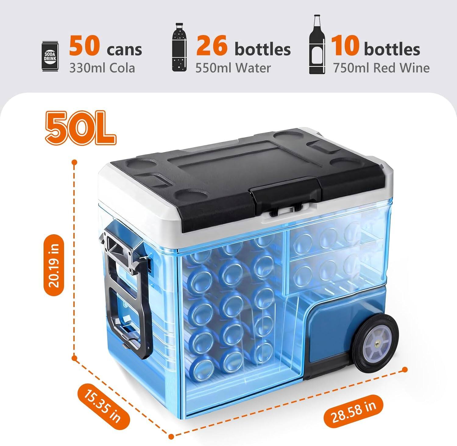 SODA 50 cans DRINK 330ml Cola  
26 bottles 550ml Water  
10 bottles 750ml Red Wine  
50L  
20.19 in  
15.35 in  
28.58 in