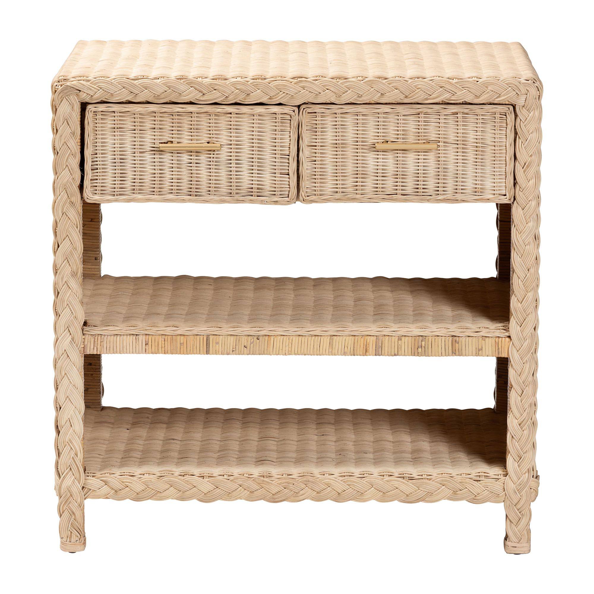 Left. bali & pari - Lanica Japandi Sun Bleached Rattan 2-Drawer Console Table - Pale Brown.