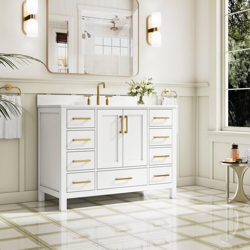 Angle. WELLFOR - 48 in Bathroom Vanity with Sink, Freestanding Solid Wood Bathroom Cabinet with 2 Soft-Close Doors& 9 Soft-Close Drawers - White.