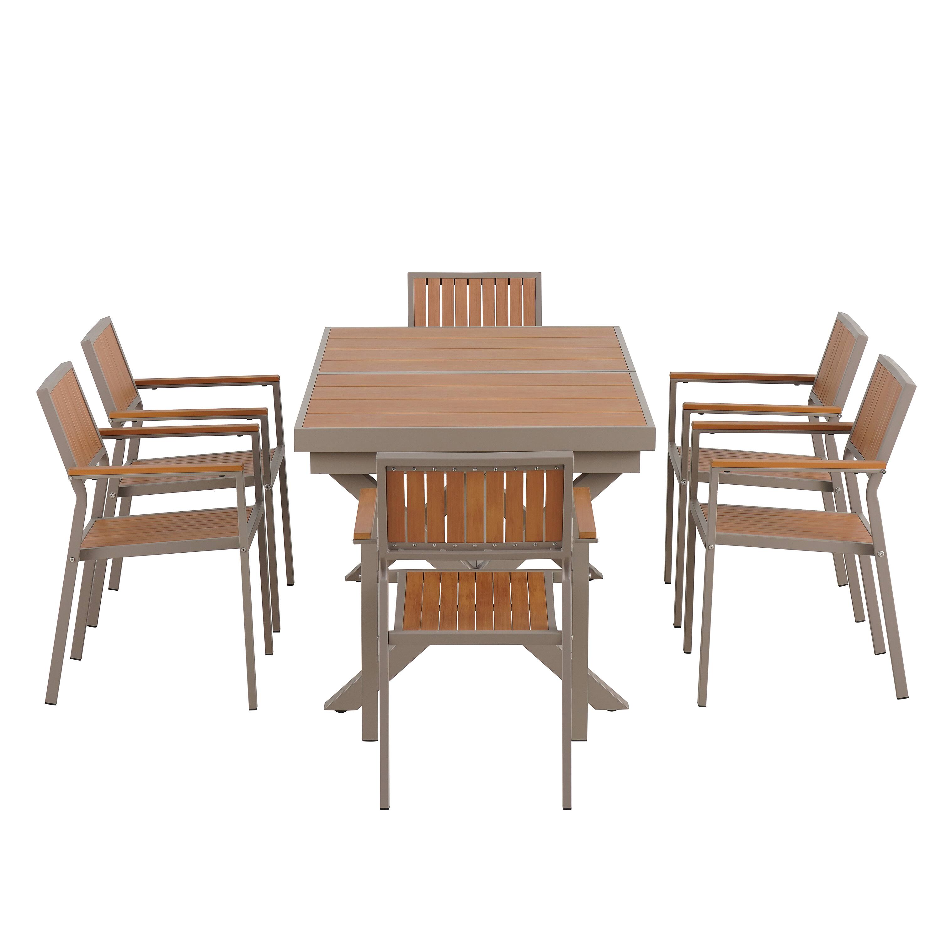 Alt View 1. Mondawe - 7-Piece Outdoor Dining Set with 6 Chairs and Extendable Table - Camel+Natural.