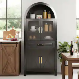 Loheer - Kitchen Pantry Cabinet, 71in Arched Pantry Cabinet with Glass Doors, Drawer, Adjustable Shelves - Black