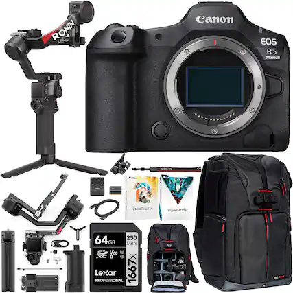- Canon EOS R5 Mark II
- Ronin
- 64GB 250 MB/s V60 U3 1667x Lexar Professional
- VideoStudio
- PowerStudio
- Backpack