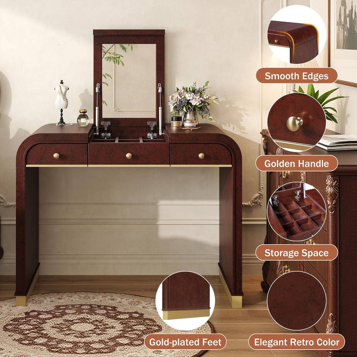 - Smooth Edges
- Golden Handle
- Storage Space
- Gold-plated Feet
- Elegant Retro Color