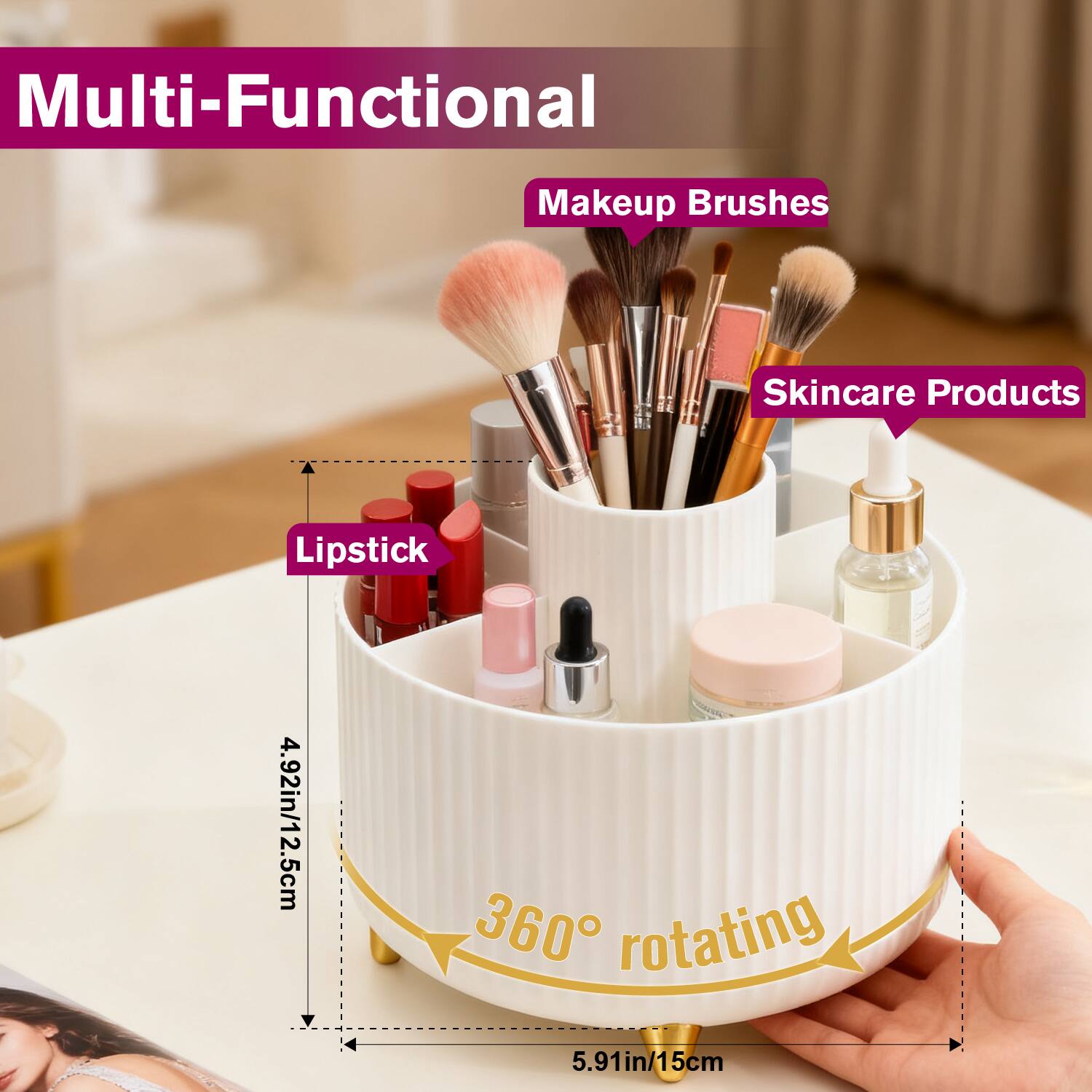 Multi-Functional Makeup Brushes Skincare Products Lipstick  
4.92in/12.5cm 360° rotating 5.91in/15cm