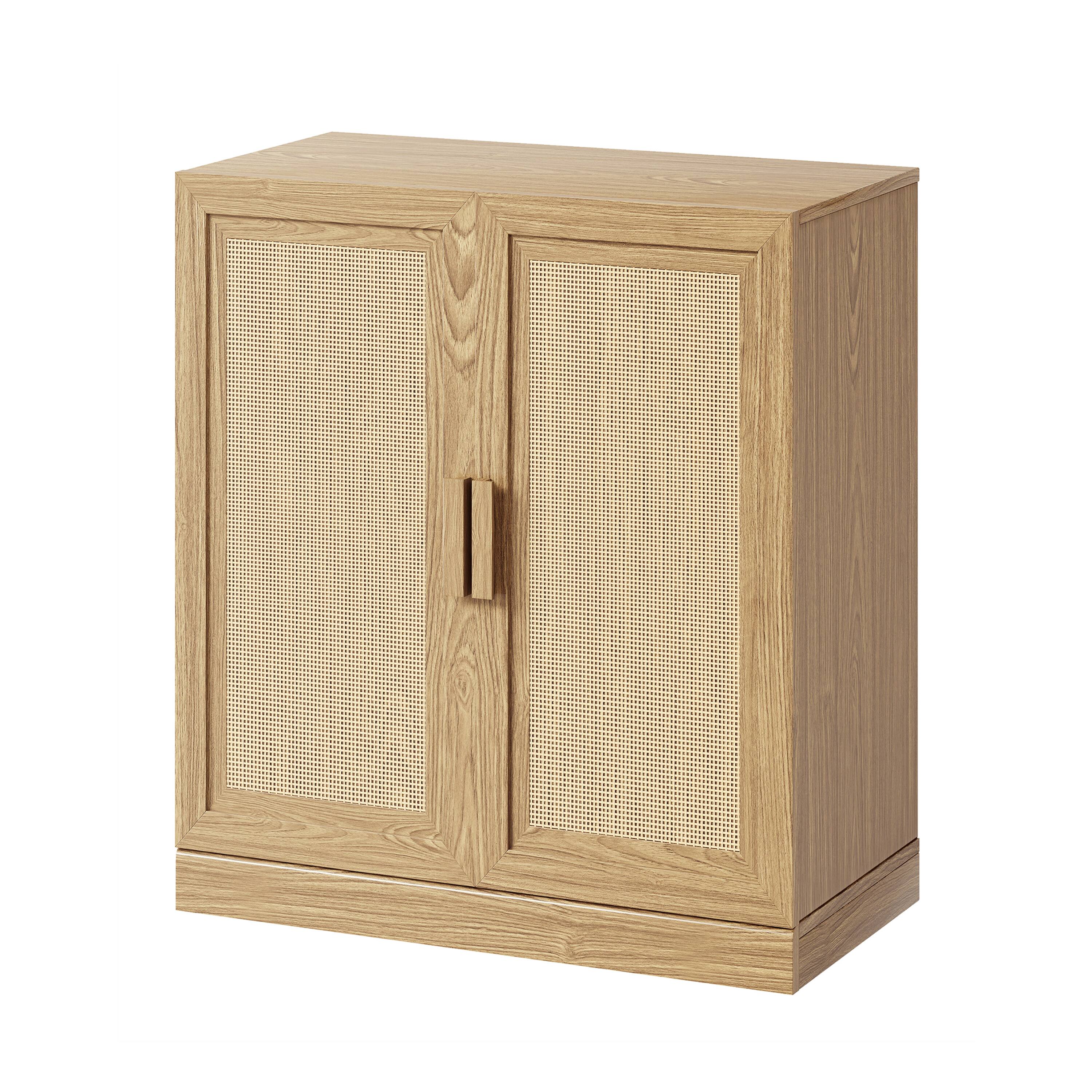 Angle. PexFix - Farmhouse Buffet Sideboard, 36" Solid Wood Storage Cabinet with Woven Doors and 2 Adjustable Shelves for Entryway - Natural.