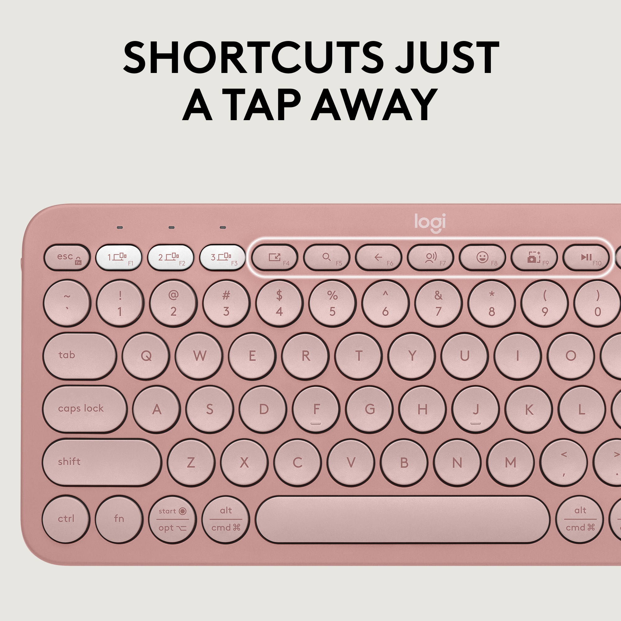 Shortcuts just a tap away logi esc 1 1% F 20g 2 +2 3 mOr +1 F Q ES f 16 O) F F8 1 9 I F0 - | 1 @ 2 # 3 $ 4 % 5 A 6 & 7 * 8 ( 9 ) 0 tab Q W E R T Y U I O caps lock A S D F - G H J - K L shift Z X C V B N M < 1 V ctrl fn start opt alt cmd 3 alt cmd 3