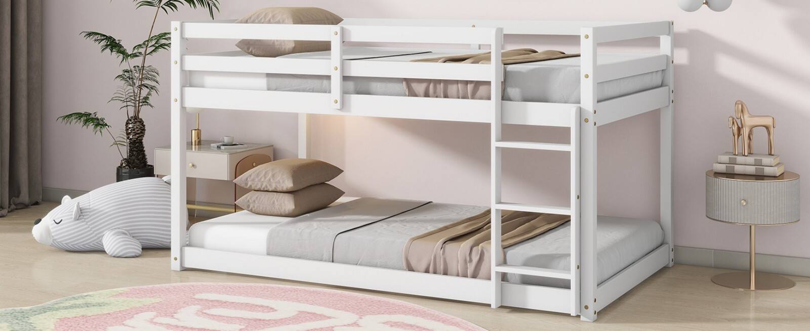 Alt View 7. Ecooso - Solid Wooden, Solid Rubber Wooden Twin over Twin Floor Bunk Bed with Ladder, with Bed Platform of Strengthened Slats - White.