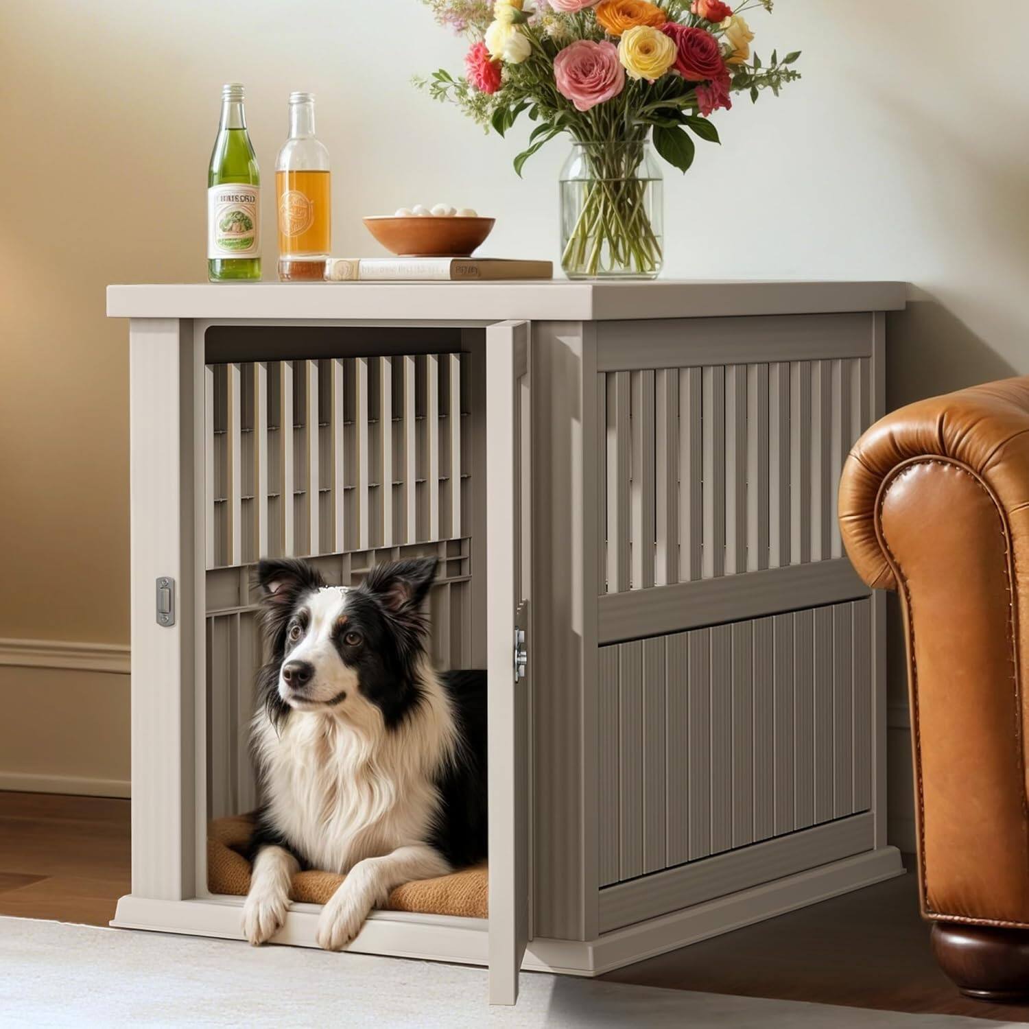 Angle. Decksplore - Plastic Dog Crate, Furniture-Style Nightstand & Side Table, Waterproof Indoor Kennel for Small to Medium Dogs.