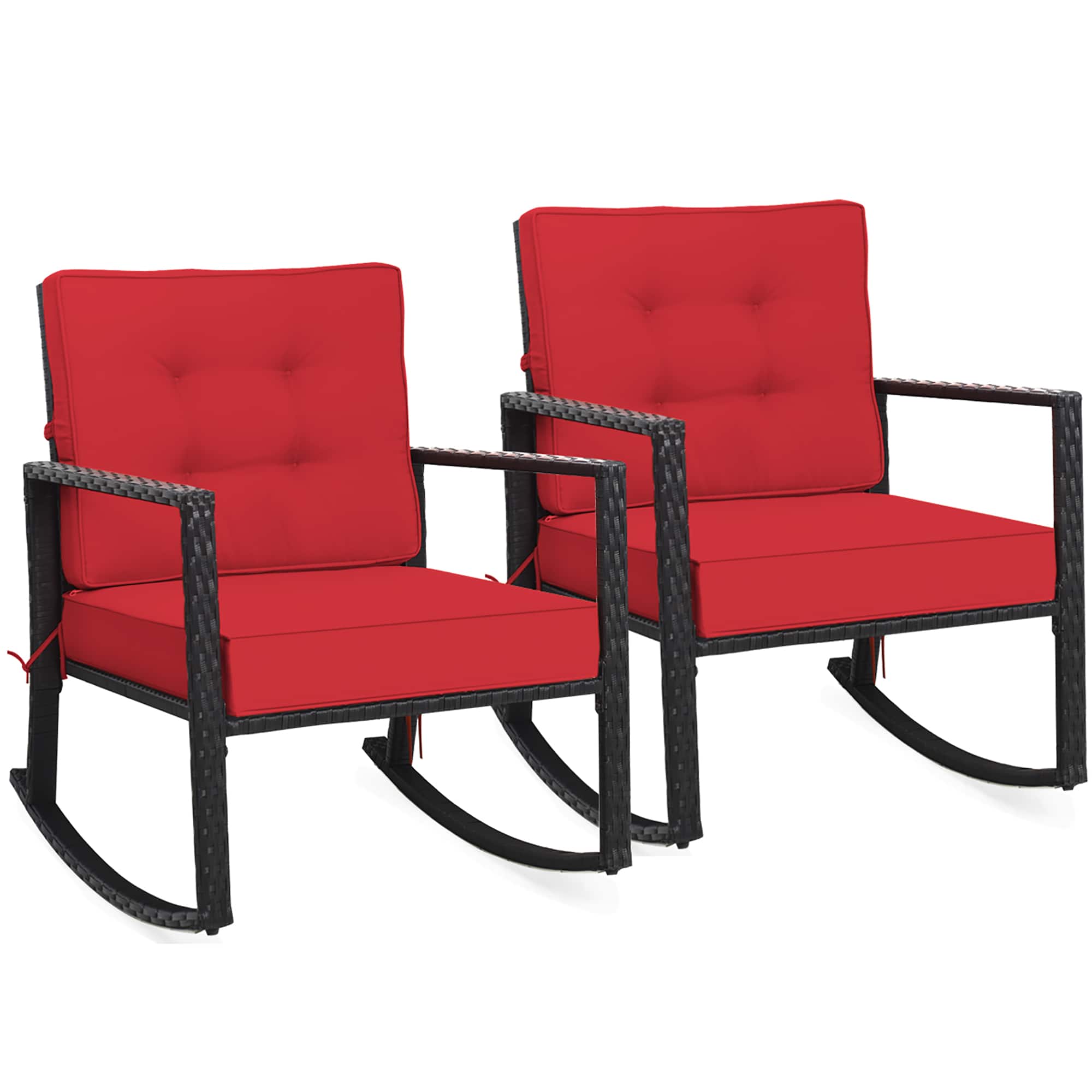Costway - 2PCS Patio Rattan Rocker Chair Outdoor Glider Wicker Rocking Chair Cushion - Red