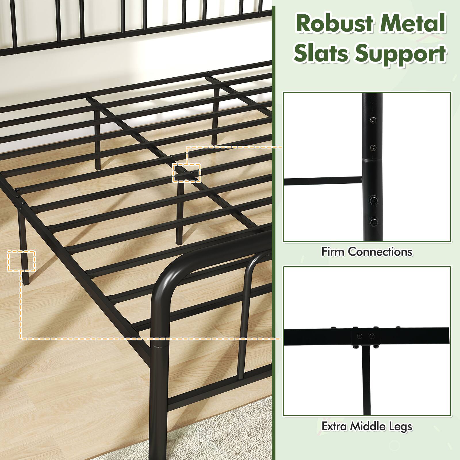 Robust Metal Slats Support

Firm Connections

Extra Middle Legs