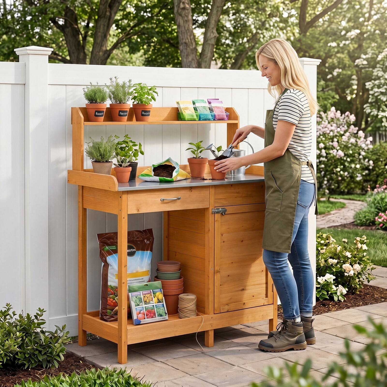 Alt View 1. Costway - Outdoor Potting Bench Garden Wooden Work Station Metal Tabletop Cabinet Drawer - Natural.
