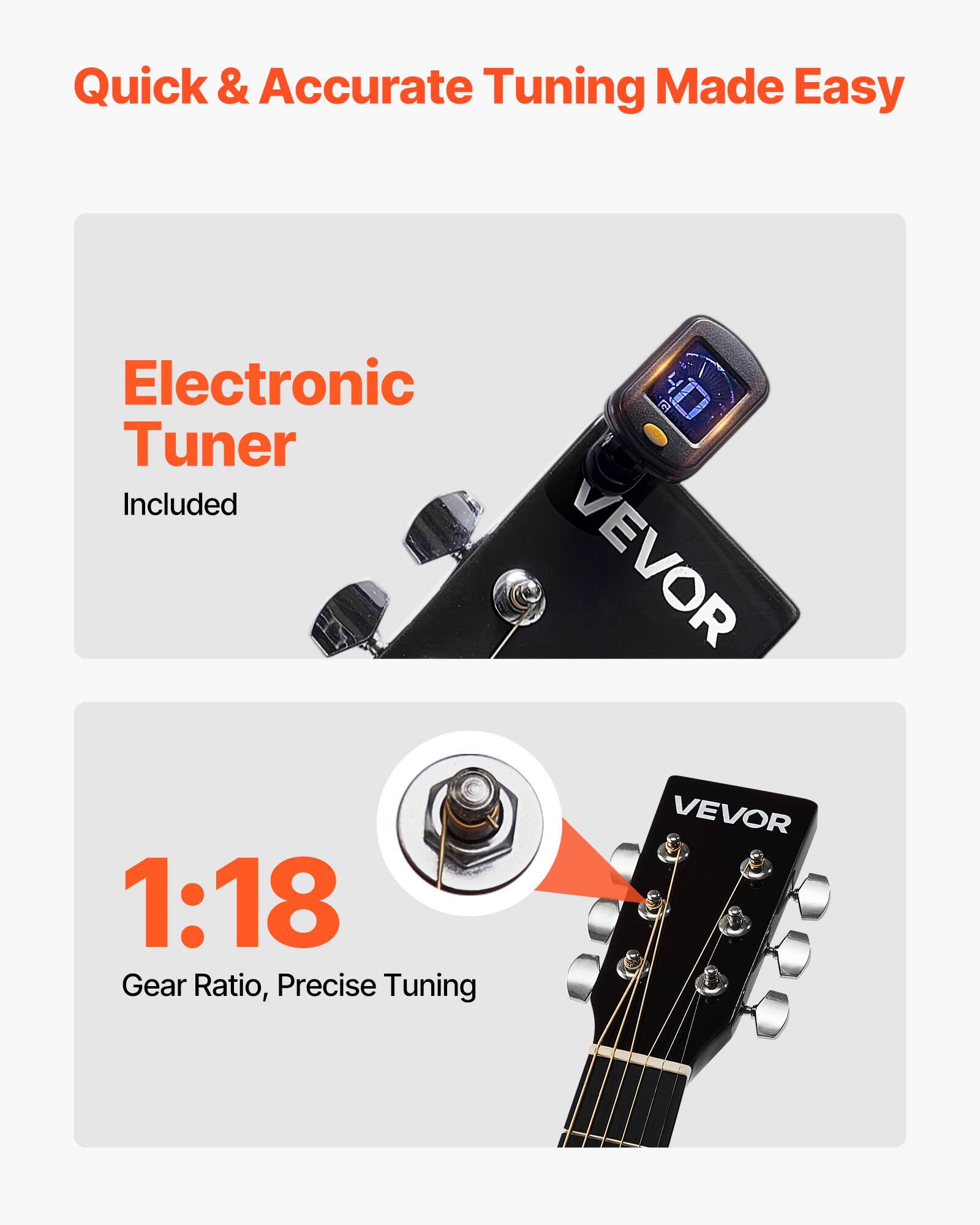 Quick & Accurate Tuning Made Easy

Electronic Tuner Included

1:18 Gear Ratio, Precise Tuning