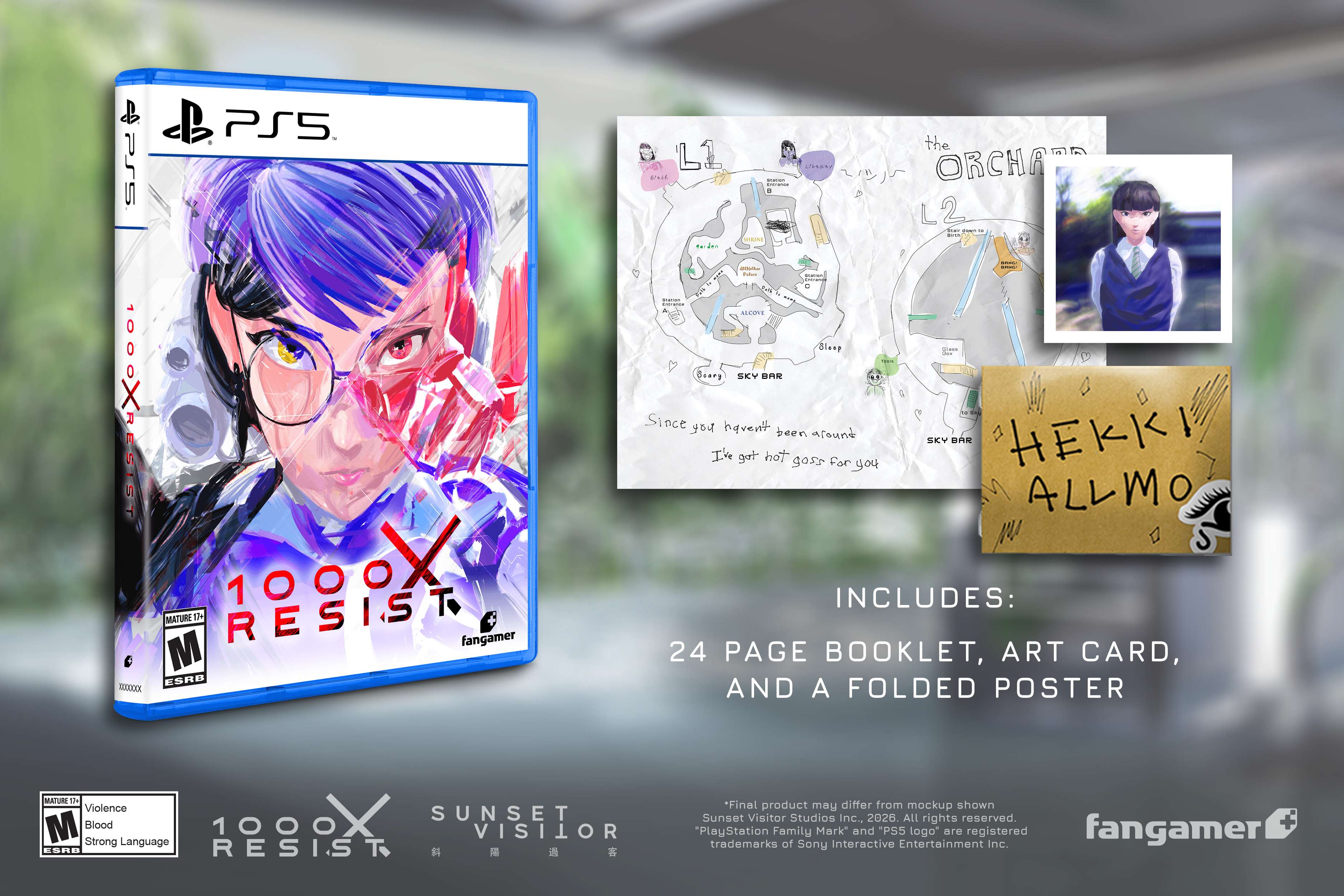 PS5 PS5 1000X RESIST MATURE 17+ RESIST fangamer M ESRB

the prace ORCHA D L2 COMMENTE MASSIVE Bloop Beary SKY BAR Since you havent been around HERKI SKY DAR I've got hot goss for you ALLMO INCLUDES: 24 PAGE BOOKLET, ART CARD, AND A FOLDED POSTER

MATURAL OF Violence SUNSET M Blood 1000 VISITOR Strong Language ESRB RESIST

*Final product may differ from mockup shown Sunset Visitor Studios Inc., 2026. All rights reserved. + PlayStation trademarks Family of Sony Mark" Interactive and "PS5 Entertainment logo" are registered Inc. fangamer